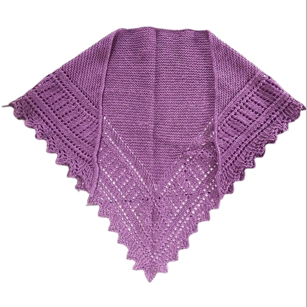 HANDMADE Shawl Washable Wool Wrap Triangle Shape Openwork Knit Ribs and Picots - Picture 6 of 6